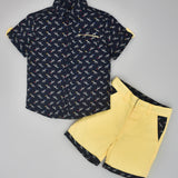 Youmaa-Boys-Printed Cord Set-Collar-Half Sleeves-Yellow Shorts -Pocket Detail-2pc Set-Cotton-Royal Blue