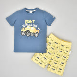 Youmaa set -Blue Half Sleeves T-shirt Chest print,All over print Loose Knee Length  Shorts  .100%Soft Cotton