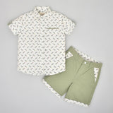 Youmaa-Boys-Printed Cord Set-Collar-Half Sleeves-Yellow Shorts -Pocket Detail-2pc Set-Cotton-White