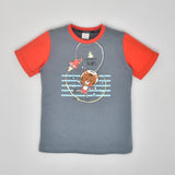 Youmaa Boys- Chest Print Tshirt Round Neck Contrast Red Half Sleeves -CloudTouch Fibre 100% Cotton Knits-Grey