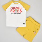 Youmaa-Vibrant set -White T-shirt & French fries print,with mustard sleeves Coordinated mustard shorts.100%Soft Cotton Knits