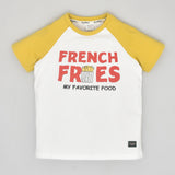 Youmaa-Vibrant set -White T-shirt & French fries print,with mustard sleeves Coordinated mustard shorts.100%Soft Cotton Knits