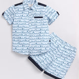 Youmaa Cloud Blue Printed set -Half Sleeves Collared Shirt with  Fashionable Shorts  .100% Soft Cotton