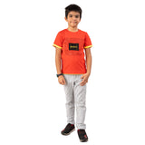 Youmaa-Boys-Patch with Print Chest Print -Round Neck- Detailed Half Sleeves Tshirt-100%Micro Touch Cloud Fibre Cotton Knit- Red