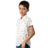 Youmaa 100% Cotton - Boys Half Sleeves Polo Tshirt - Running Dinosaur Ribbed Neck - White