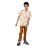 Youmaa-Half Sleeves Shirt ,Trendy Leaf Print in Soft 100% Cotton - Khaki