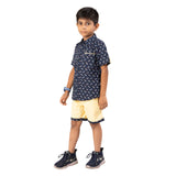 Youmaa-Boys-Printed Cord Set-Collar-Half Sleeves-Yellow Shorts -Pocket Detail-2pc Set-Cotton-Royal Blue