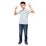 Youmaa 100% Cotton - Boys Half Sleeves Polo Tshirt - Running Dinosaur Ribbed Neck - Blue