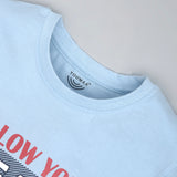 Youmaa 100% Cotton Half Sleeves Round Neck Typographic Printed T-Shirt Light Blue