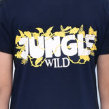 Youmaa 100% Cotton Half Sleeves Jungle Typography Printed T-Shirt - Navy Blue