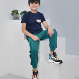Youmaa 100% Cotton Half Sleeves Jungle Typography Printed T-Shirt - Navy Blue