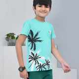 Youmaa 100% Cotton Half Sleeves Forest Graphics Printed T-Shirt - Blue