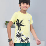 Youmaa 100% Cotton Half Sleeves Forest Graphics Printed T-Shirt - Yellow