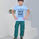Youmaa 100% Cotton Half Sleeves Let's Play Typography Printed T-Shirt - Blue