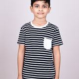 Youmaa 100% Cotton Half Sleeves Striped Printed T-Shirt - Black & White
