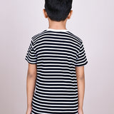 Youmaa 100% Cotton Half Sleeves Striped Printed T-Shirt - Black & White