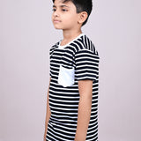 Youmaa 100% Cotton Half Sleeves Striped Printed T-Shirt - Black & White