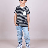 Youmaa 100% Cotton Half Sleeves Striped Printed T-Shirt - Black & White