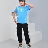 Youmaa 100% Cotton Half Sleeves Typography Printed T-Shirt - Blue