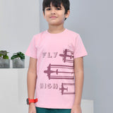 Youmaa 100% Cotton Half Sleeves Airplane Graphics Printed T-Shirt - Pink