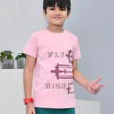 Youmaa 100% Cotton Half Sleeves Airplane Graphics Printed T-Shirt - Pink