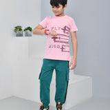 Youmaa 100% Cotton Half Sleeves Airplane Graphics Printed T-Shirt - Pink