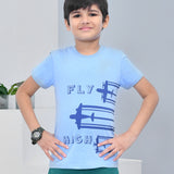 Youmaa 100% Cotton Half Sleeves Airplane Graphics Printed T-Shirt - Blue