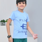 Youmaa 100% Cotton Half Sleeves Airplane Graphics Printed T-Shirt - Blue