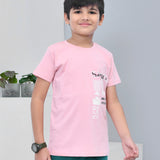 Youmaa 100% Cotton Half Sleeves Spaceship Graphics Printed T-Shirt - Pink