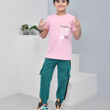 Youmaa 100% Cotton Half Sleeves Spaceship Graphics Printed T-Shirt - Pink