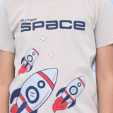 Youmaa 100% Cotton Half Sleeves Rocket Graphics Printed T-Shirt - Beige