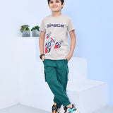 Youmaa 100% Cotton Half Sleeves Rocket Graphics Printed T-Shirt - Beige