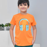 Youmaa 100% Cotton Half Sleeves Headphone Printed T-Shirt - Orange