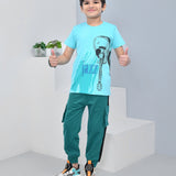 Youmaa 100% Cotton Half Sleeves Guitar Graphics Printed T-Shirt - Blue
