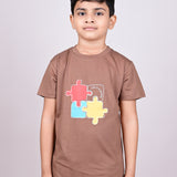 Youmaa 100% Cotton Half Sleeves Puzzle Graphics Printed T-Shirt - Brown