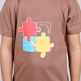 Youmaa 100% Cotton Half Sleeves Puzzle Graphics Printed T-Shirt - Brown