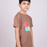 Youmaa 100% Cotton Half Sleeves Puzzle Graphics Printed T-Shirt - Brown
