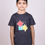 Youmaa 100% Cotton Half Sleeves Puzzle Graphics Printed T-Shirt - Grey