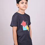 Youmaa 100% Cotton Half Sleeves Puzzle Graphics Printed T-Shirt - Grey