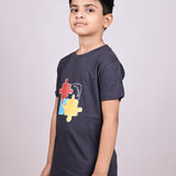 Youmaa 100% Cotton Half Sleeves Puzzle Graphics Printed T-Shirt - Grey