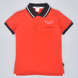 Youmaa Boys -100% Cotton Knits Polo Player Tshirt - Contrast Collared Half Sleeves-Chest Rainbow Embroidery -Regular Length- Micro Fibre Cloud Wash Softness-Red