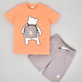 Youmaa Boys -100% Cotton Knits Cord Set 2pc- Bunny TShirt Zipper Pocket  on Chest -Pastel Shorts Pockets -Regular Length- Micro Fibre Cloud Wash Softness-Peach