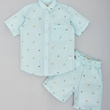 Youmaa Cotton Half Sleeves Helicopter Printed Shirt & Shorts - Light Blue